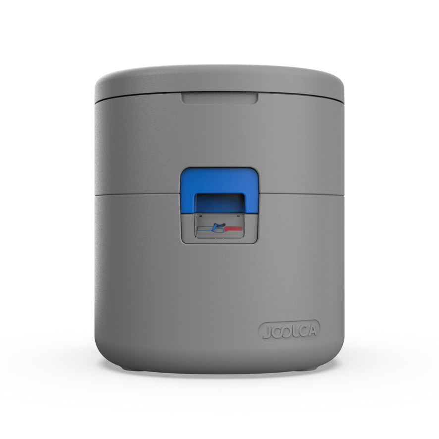 A front view of a portable toilet with Joolca branding