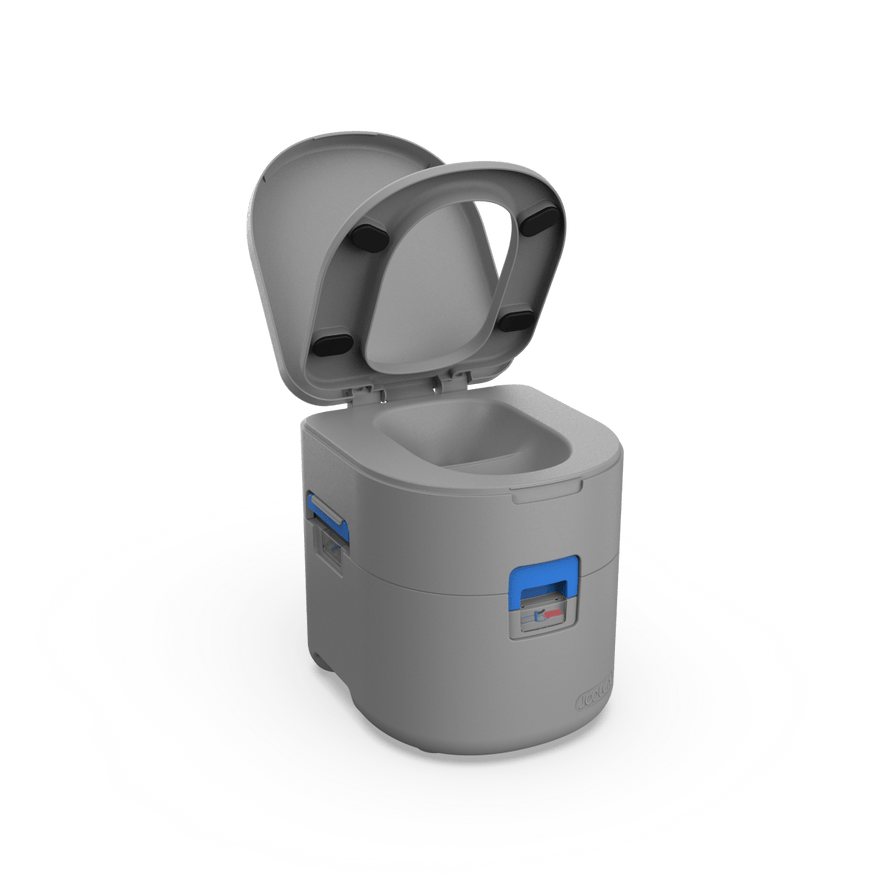 A side angle of a portable toilet with Joolca branding with an open toilet lid