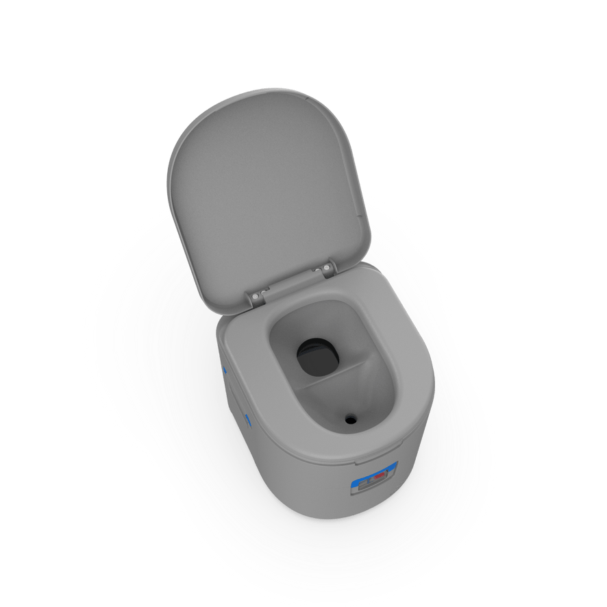 A top view of a portable toilet with Joolca branding with an open toilet lid