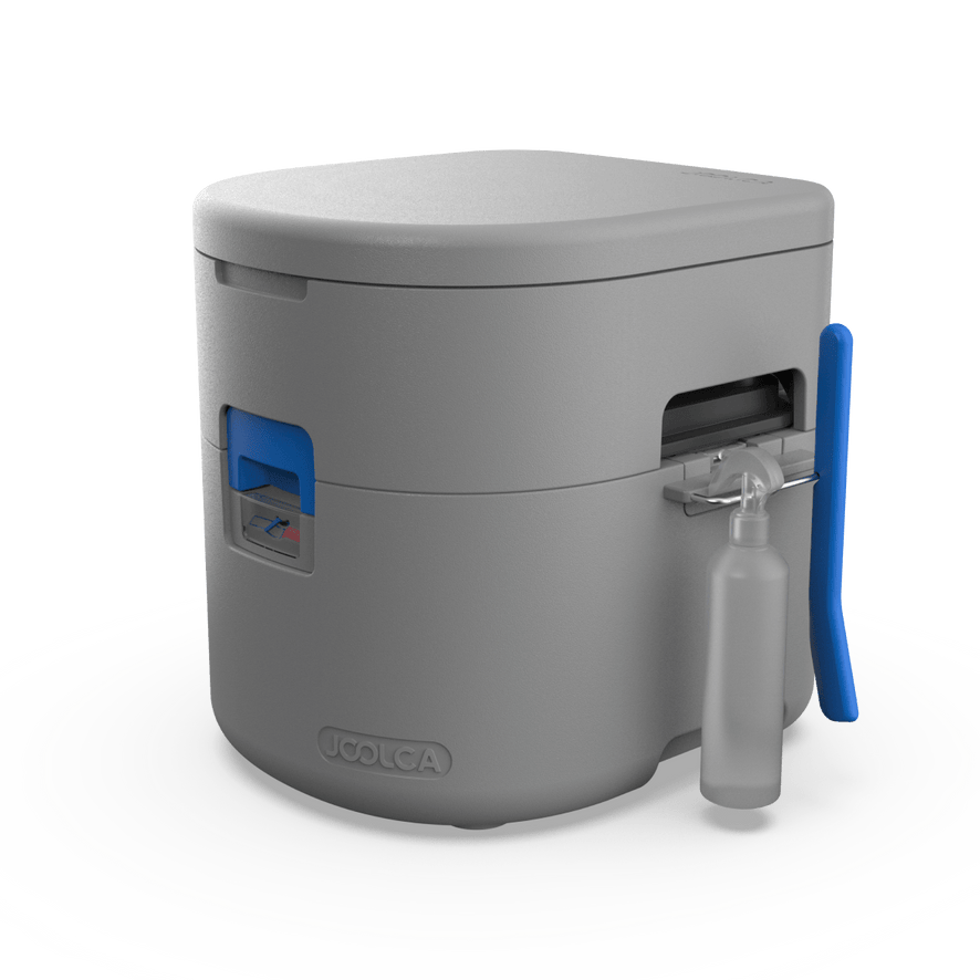 A side angle of a portable toilet with a spray bottle hanging on the side with Joolca branding