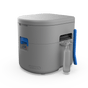 A side angle of a portable toilet with a spray bottle hanging on the side with Joolca branding