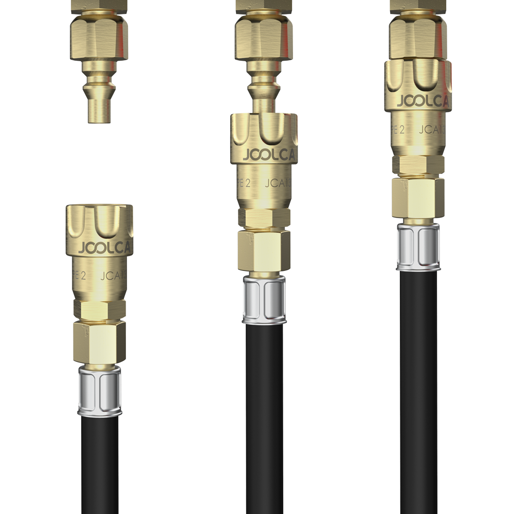 GasKnect female fitting on a gas hose snapping onto the male fitting, shown in three steps