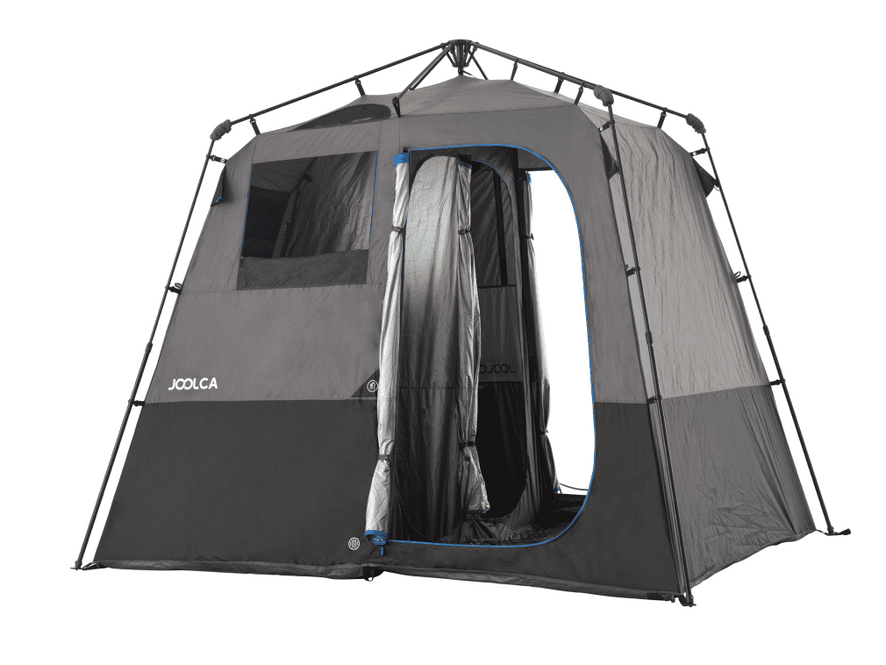 A front facing shower tent with one side door open on the right