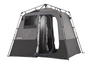 A front facing shower tent with one side door open on the right