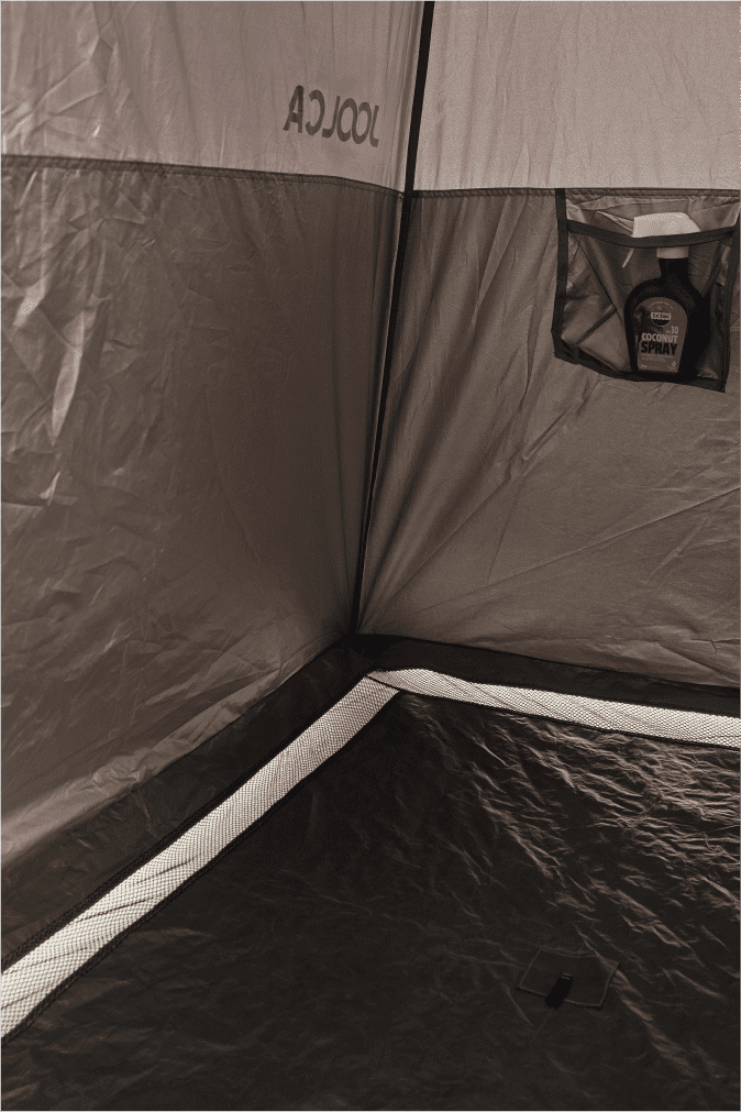Interior of the tent floor showing drainage areas