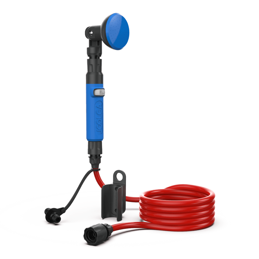 A plastic shower head and connecting hose