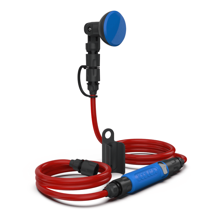 A plastic shower head and long connecting hose