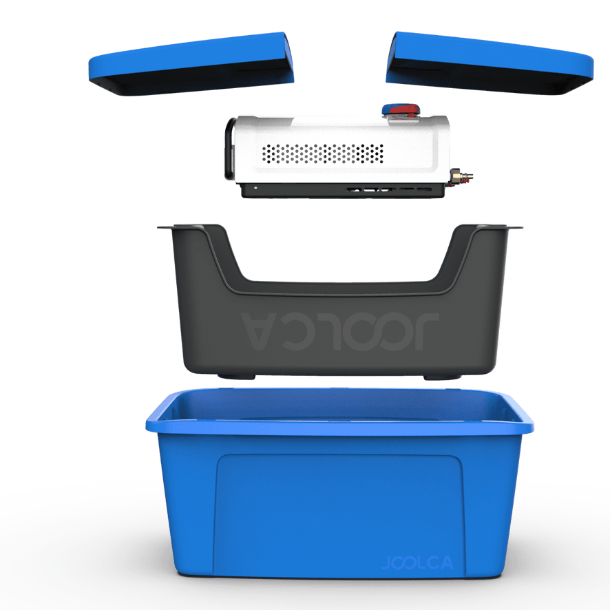 A photo render of how the portable hot shower fits inside the sink