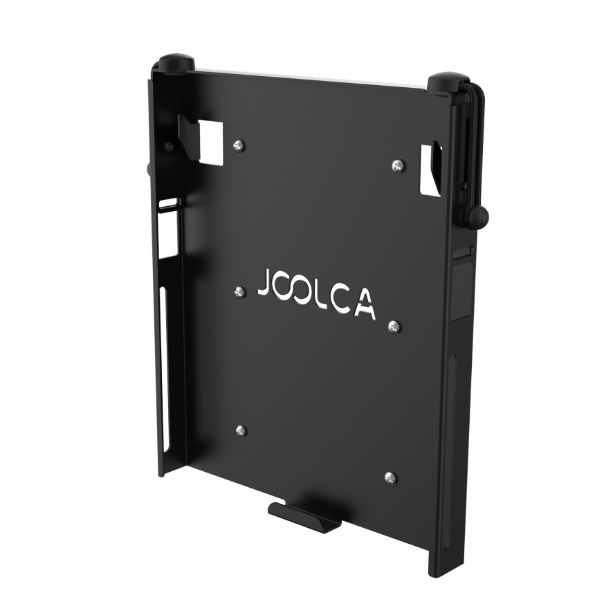 A metal mounting bracket with a logo cut out with a Joolca logo for the HOTTAP V2