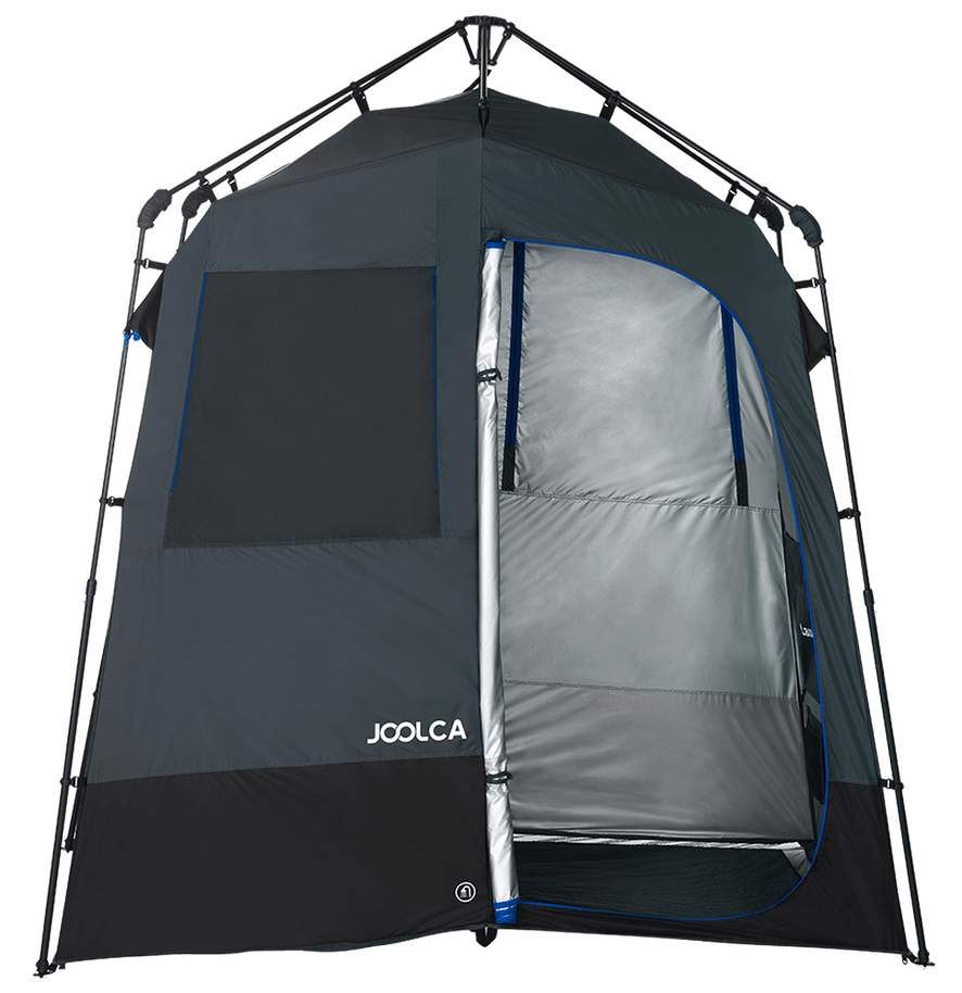 A front facing shower tent with one side door open on the right