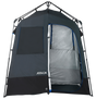 A front facing shower tent with one side door open on the right