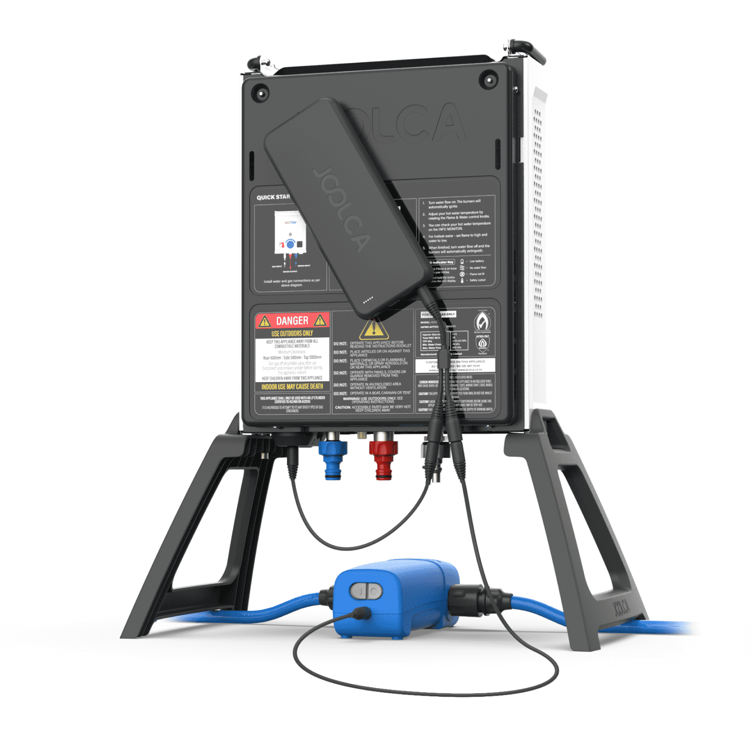 The back view of a portable hot water heater with a portable power bank