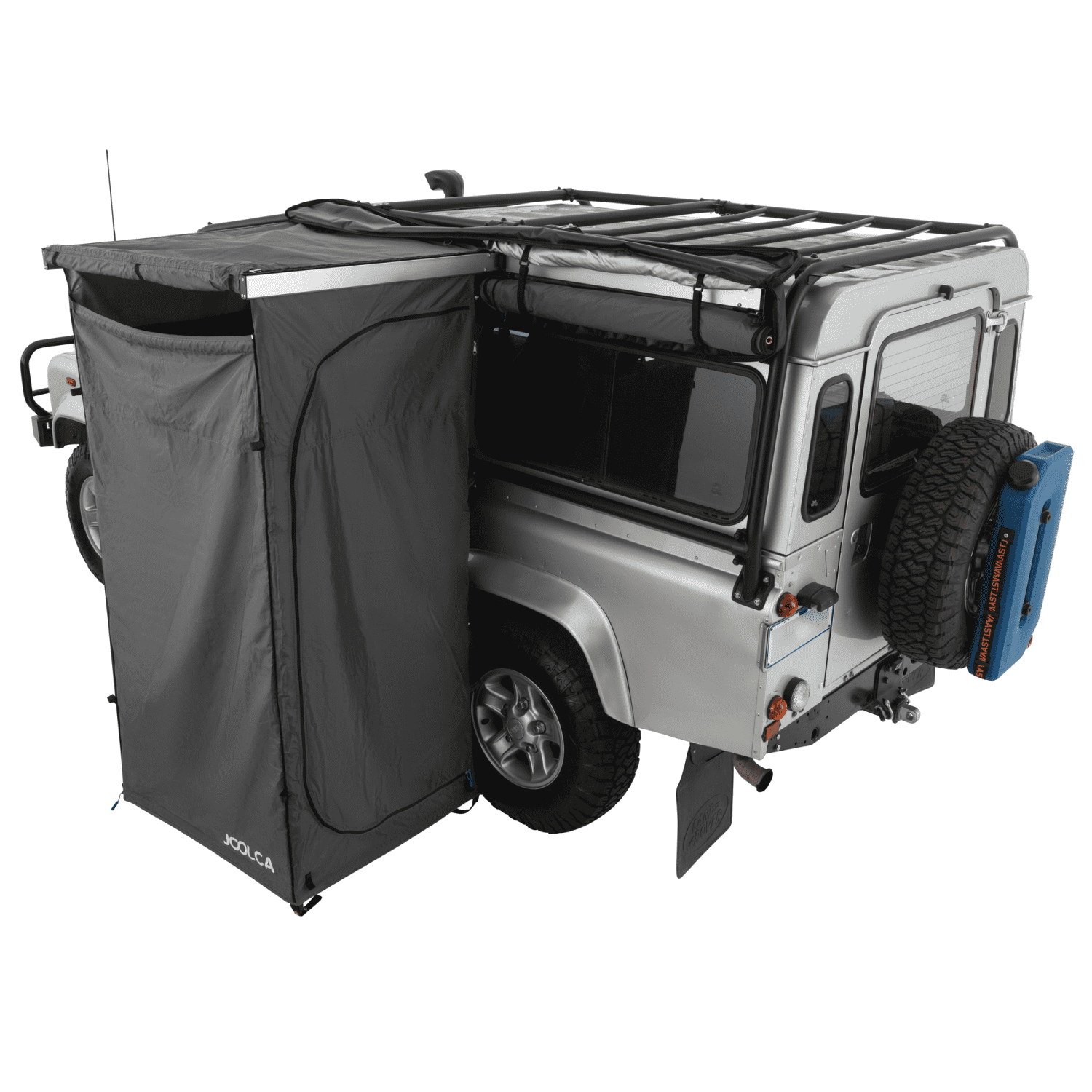 A top view of a Joolca branded mounted double Ensuite tent attached to a 4WD showing roof attached