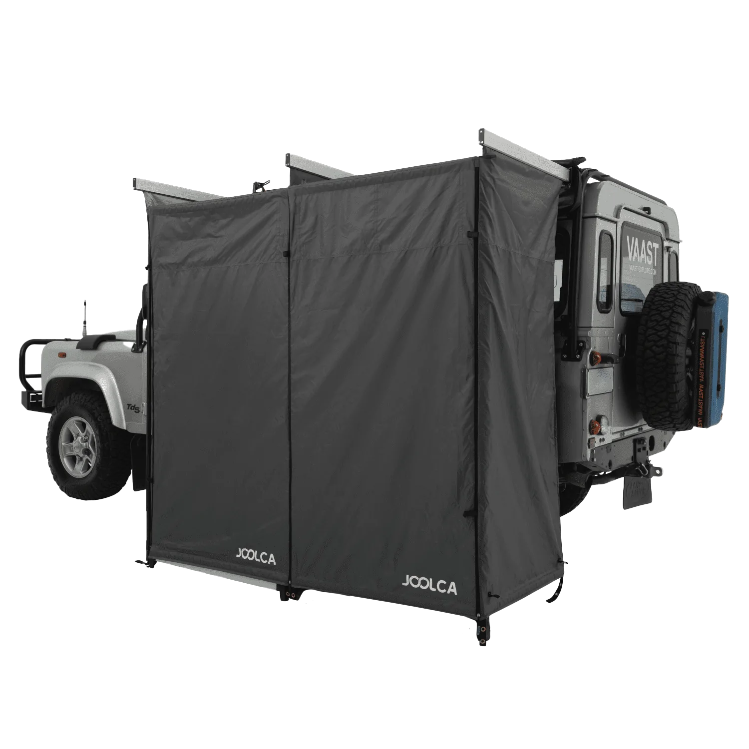 A double room mounted shower tent attached to a 4WD