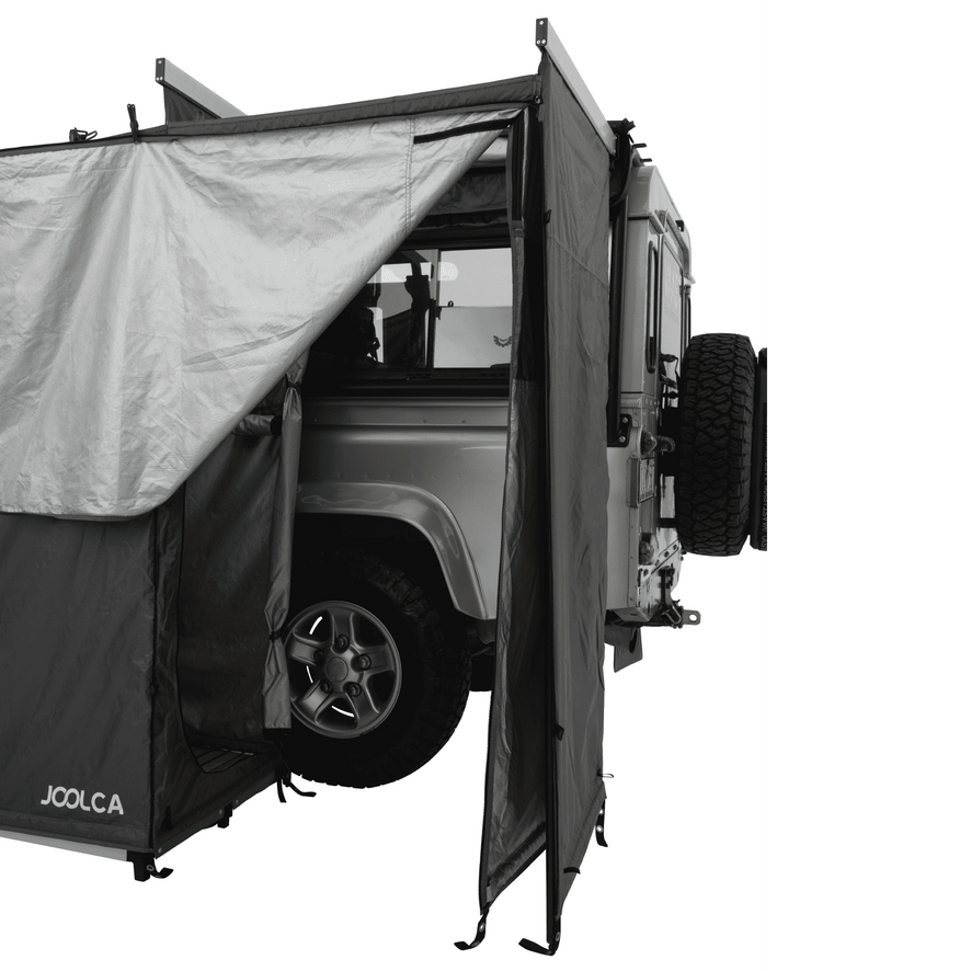 Internal view of a mounted double shower tent with one door open