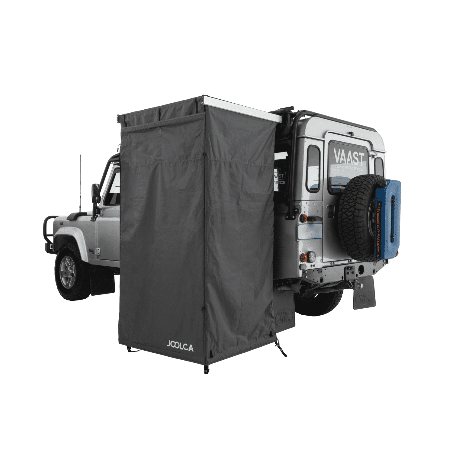 A single room mounted shower tent attached to a 4WD