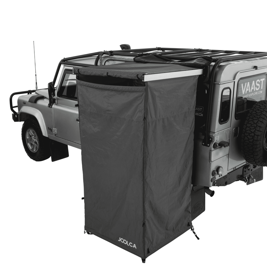 A top view of a Joolca branded mounted single Ensuite tent attached to a 4WD showing roof attached