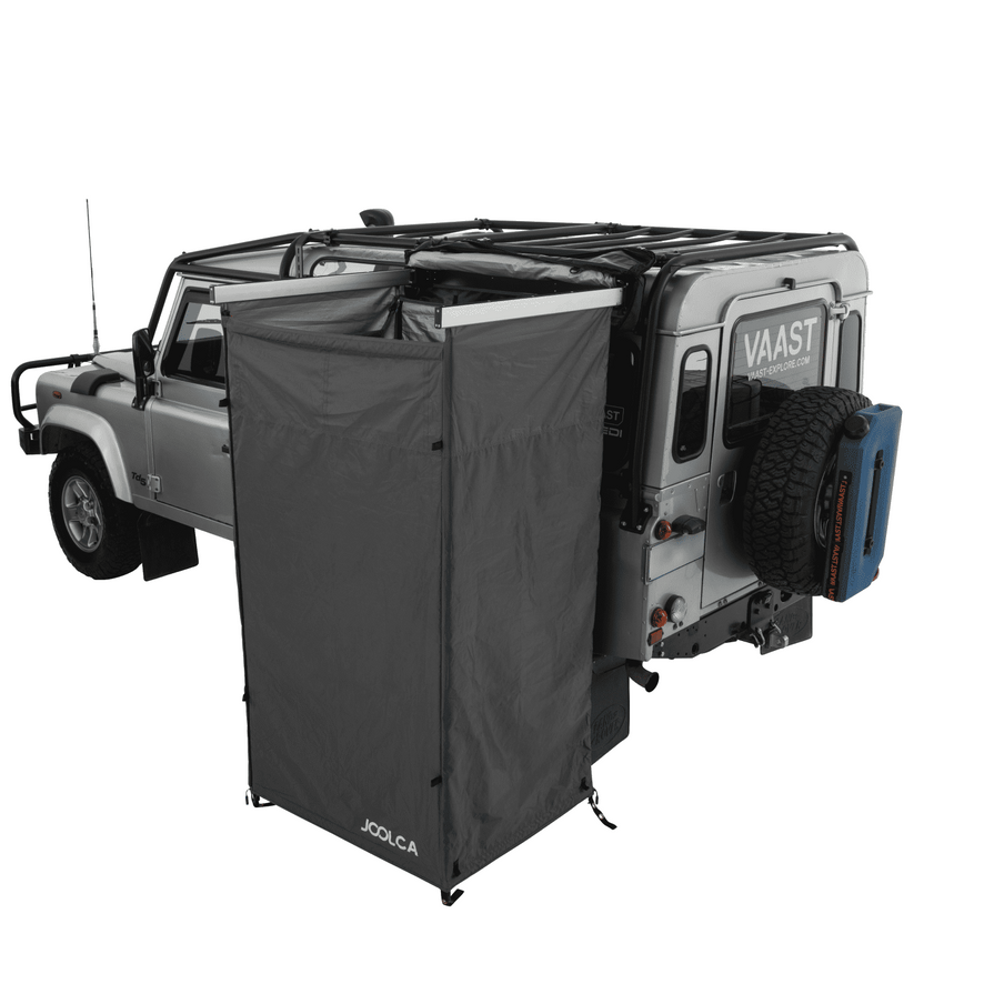 A top view of a Joolca branded mounted single Ensuite tent attached to a 4WD showing no roof attached