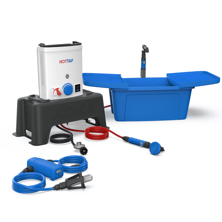 A portable hot water kit on a stand with a water pump, shower head, plastic sink gas hose