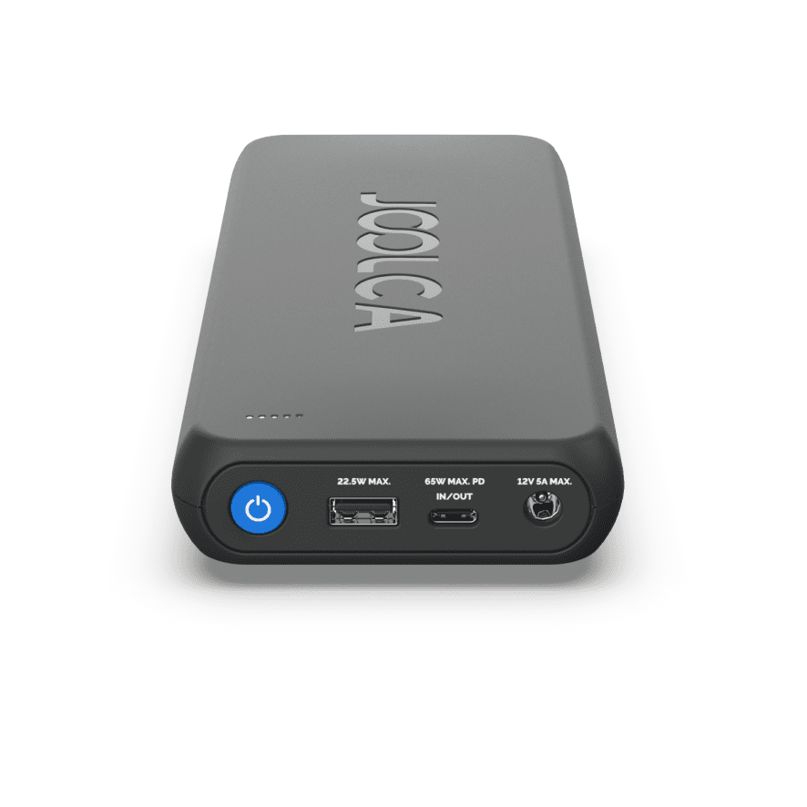 A front view of Joolca branded power bank displaying the ports and power button