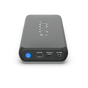 A front view of Joolca branded power bank displaying the ports and power button