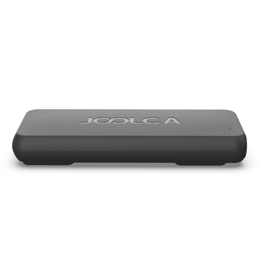A side top view of a black Joolca branded power bank