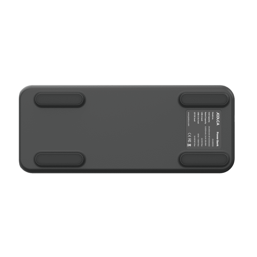 A bottom view of a black Joolca branded power bank