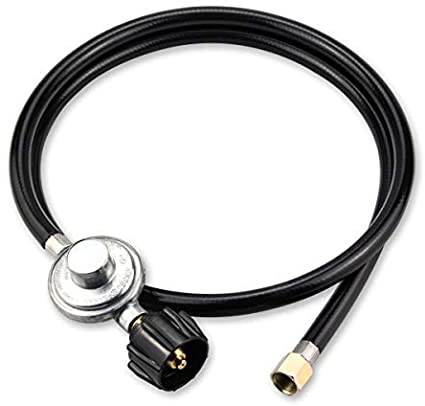 A black propane hose with a regulator and connectors.