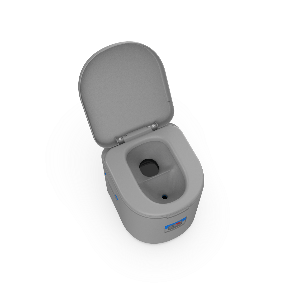 A top view of a portable toilet with Joolca branding with an open toilet lid
