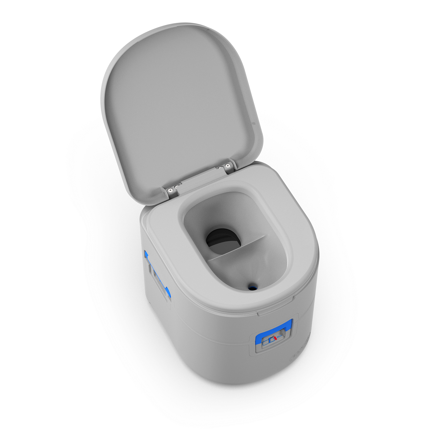 Gray portable toilet with open lid on a white background