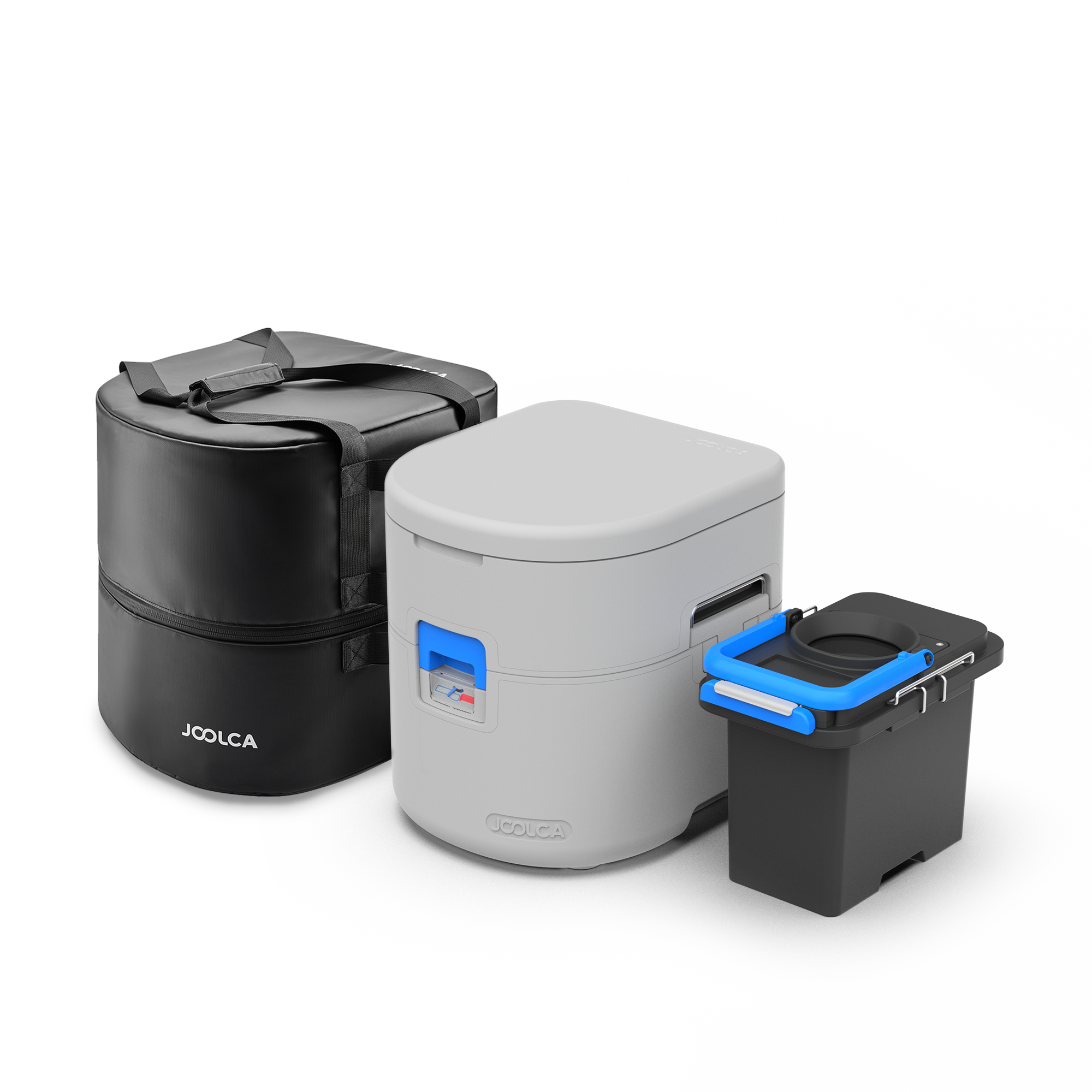 Joolca - GottaGo Nomad Kit, the grey GottaGo separating toilet with its black padded carry bag and a spare cassette