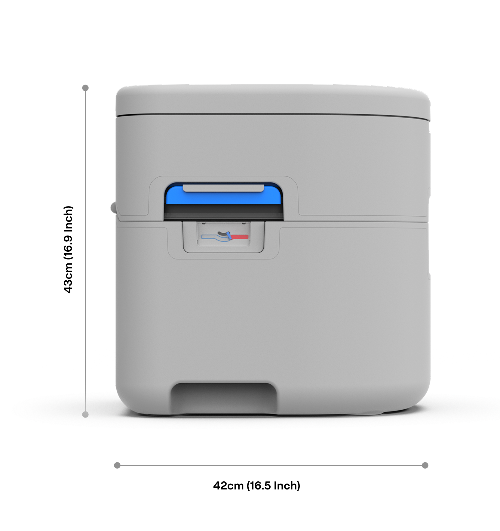 Gray portable toilet with dimensions indicated on a white background