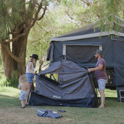 ENSUITE Triple pop-up shower tent in use outdoors