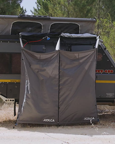 Joolca Ensuite Mounted Double fitted to a camper trailer, with the dry room open beside the shower room