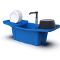 A portable kitchen sink showing the strength as it holds 6 plates and a large cast iron pot