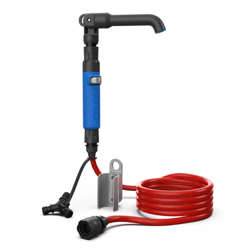 A portable faucet made out of plastic attached to a hose
