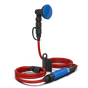A plastic shower head and long connecting hose