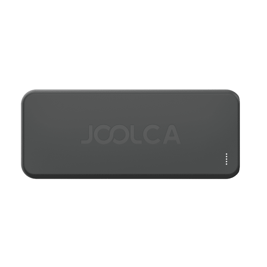 A top view of a black Joolca branded power bank